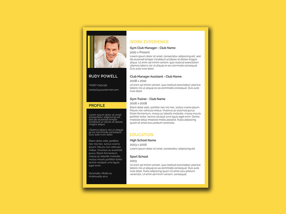 free stylish resume template with black and yellow color