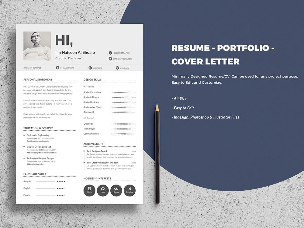 Shoaib - Free Minimal Resume Template with Cover Letter ... (1000 x 750 Pixel)