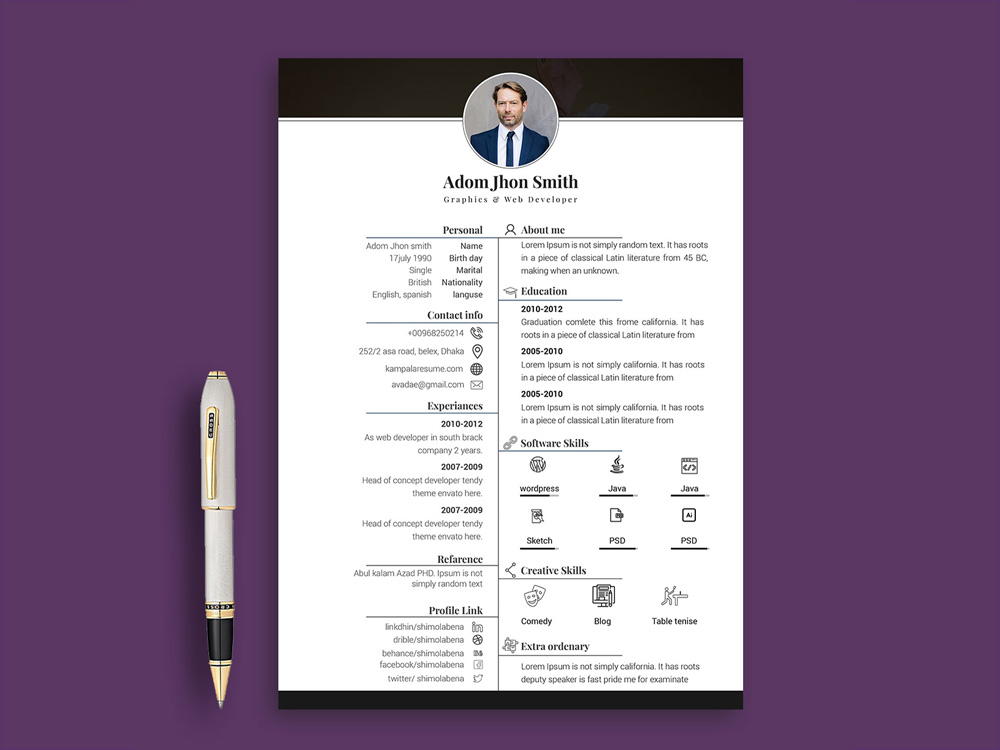 Free Resume template in PSD and INDD File Format