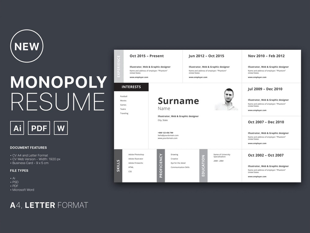 Monopoly - Free Horizontal Resume Template in Multiple Format