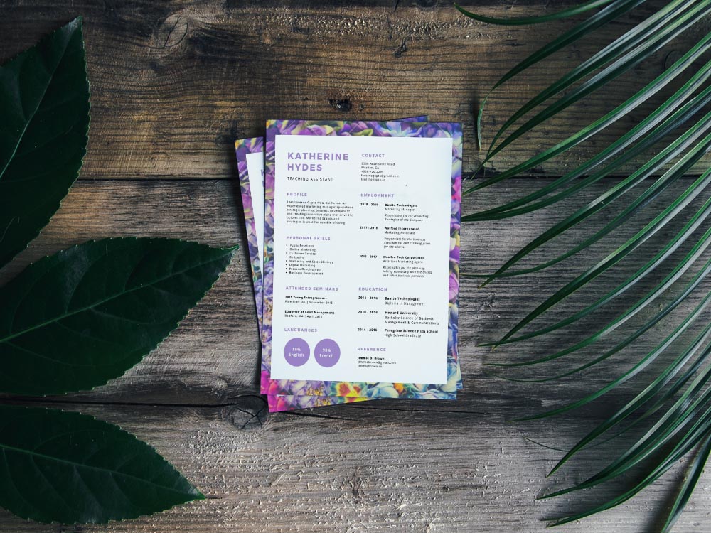 Free Resume Template with Purple Flowers Accent