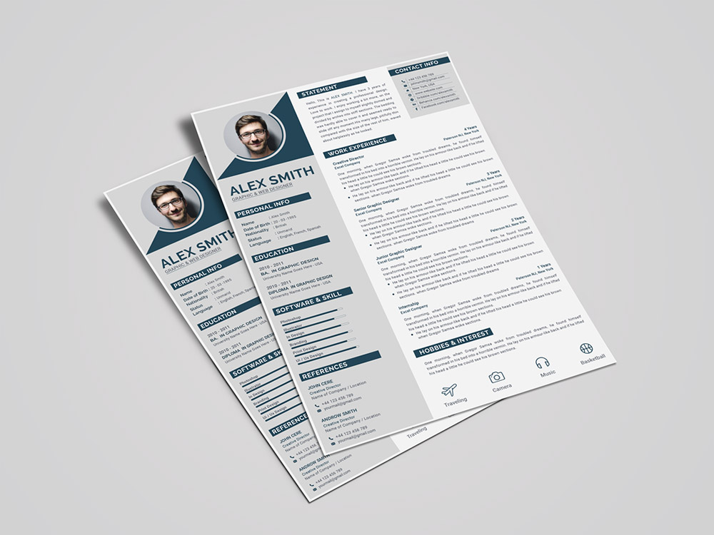 Free Modern Curriculum Vitae Template with Cover Letter Page (1000 x 750 Pixel)