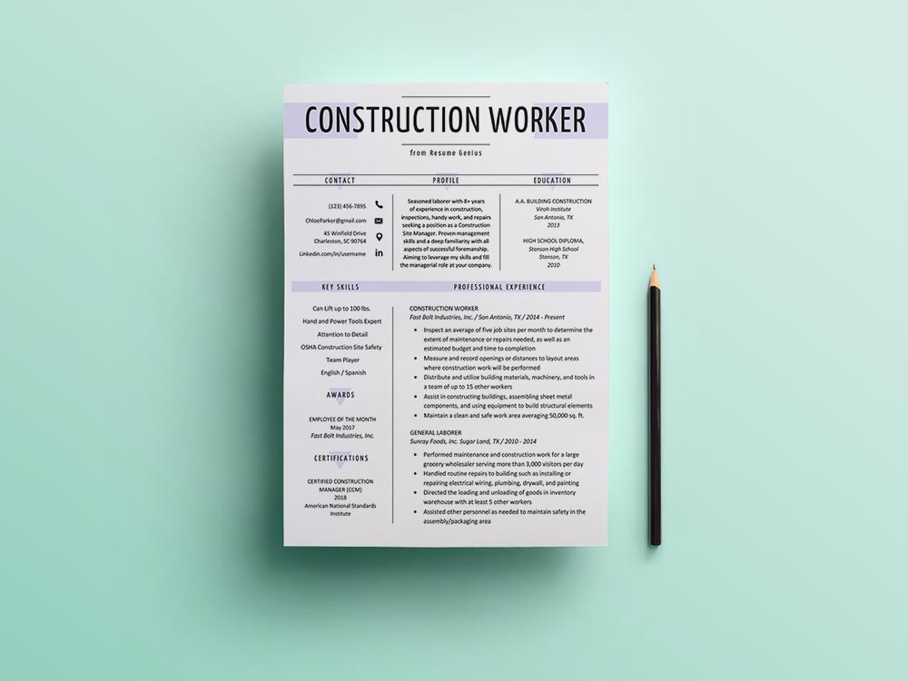 Free Construction Worker Resume Template