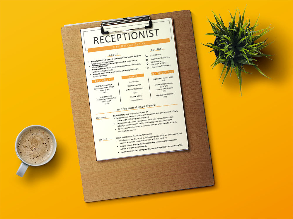 Free Receptionist Resume Template with Formal Style Design