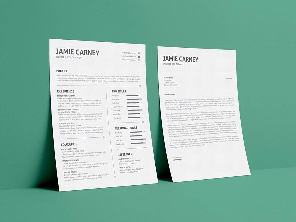 Free Simple Resume Layout Template with Matching Cover Letter (1000 x 750 Pixel)