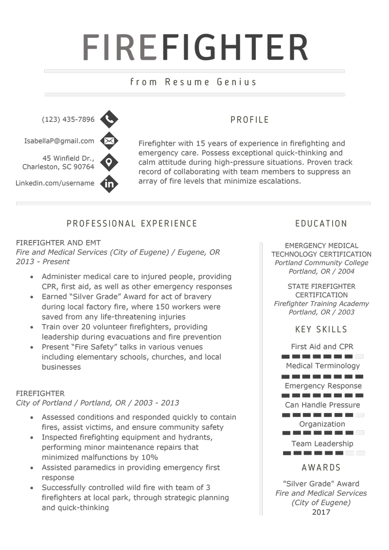 Free Firefighter Resume Template with Clean and Simple Design (770 x 1090 Pixel)