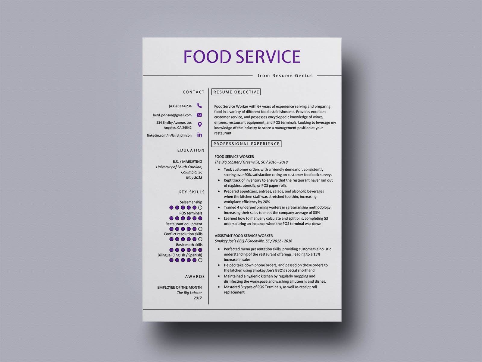 Free Food Service Resume Template