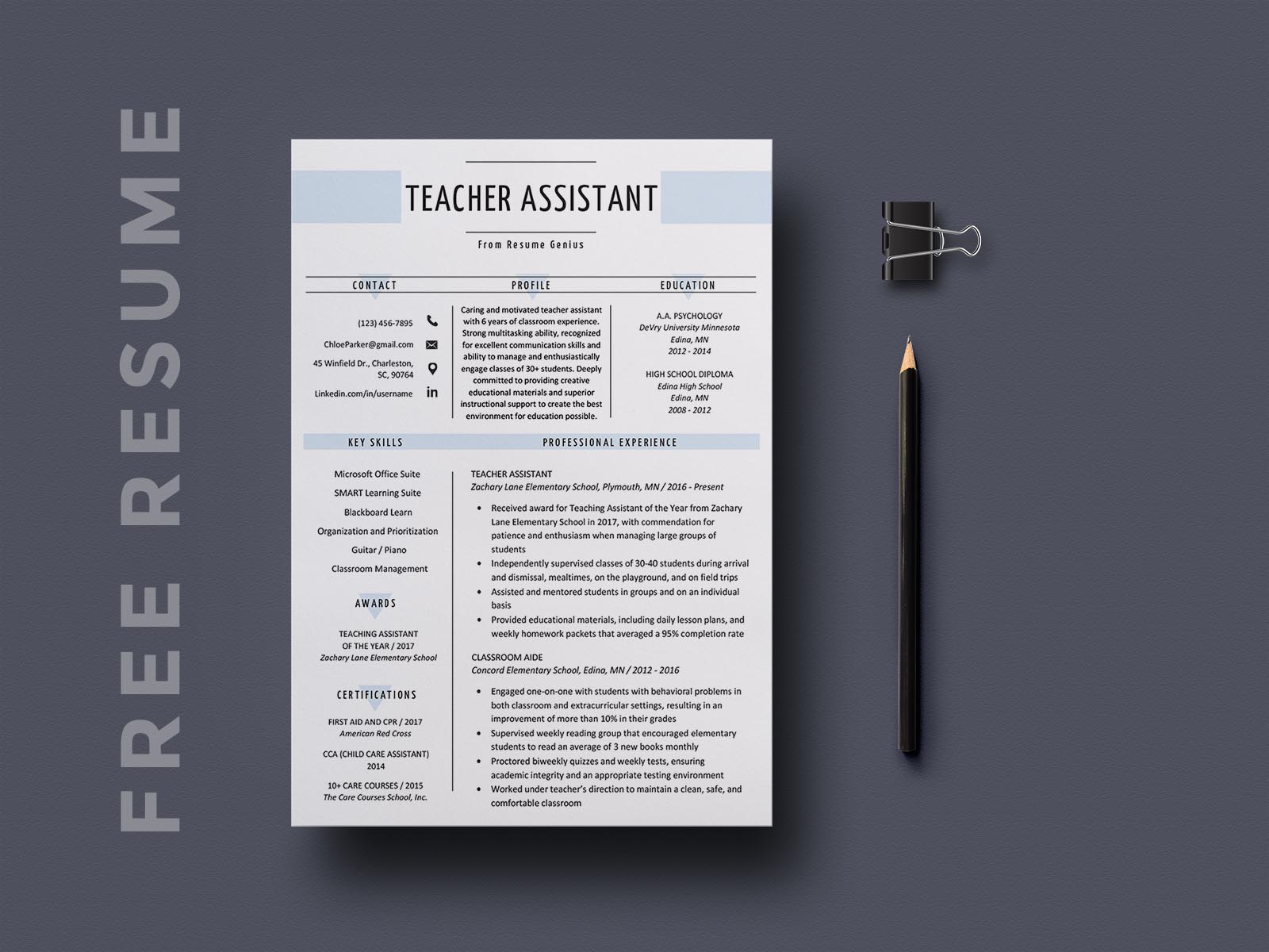 Free Teacher Assistant Resume Template with Elegant and Simple Design