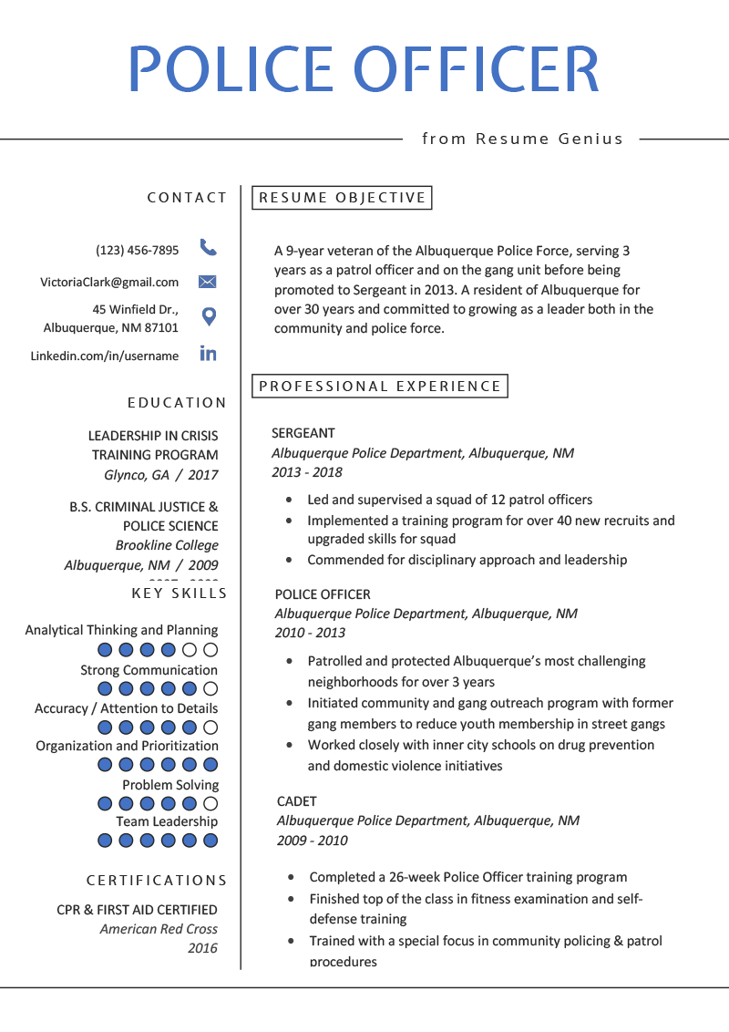 Free Police Officer Resume Template With Clean And Simple Design