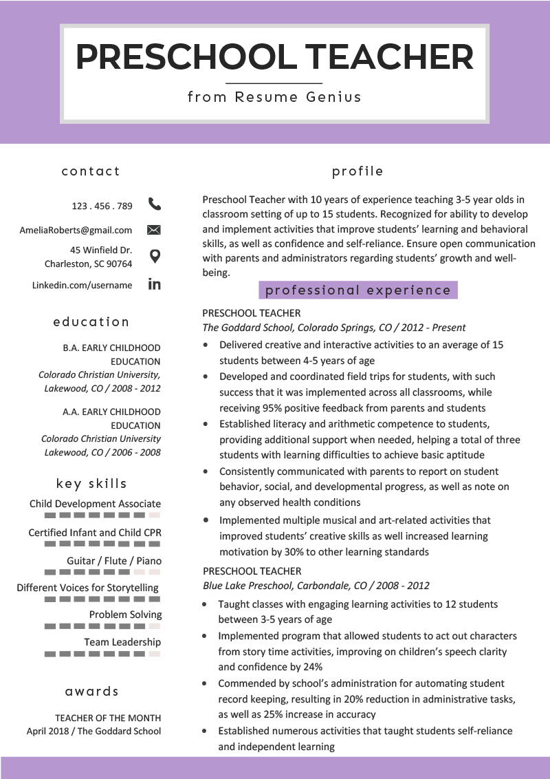 Free Preschool Teacher Resume Template with Clean and ... (770 x 1090 Pixel)