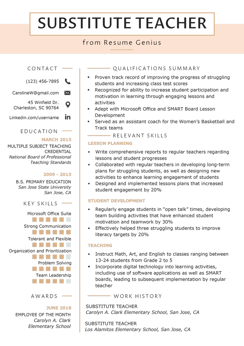 Free Substitute Teacher Resume Template With Clean And Simple Look