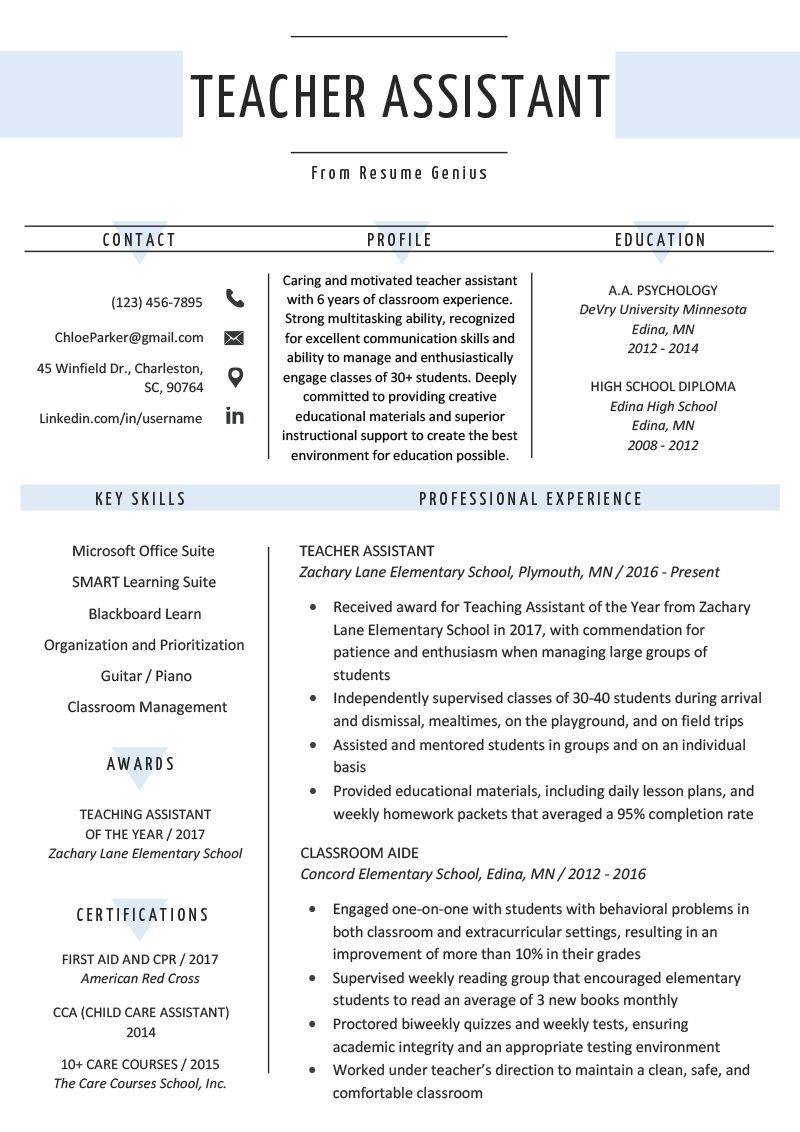 Free Teacher Assistant Resume Template with Elegant and Simple Design