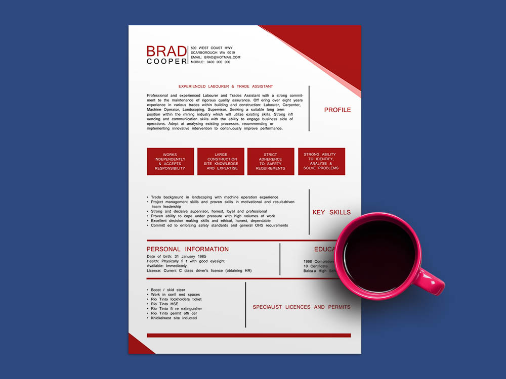 Free Construction Job Resume Template with Clean and Modern Look