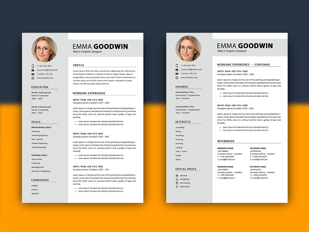 Free 2 Page Resume Template with Matching Cover Letter Design (1000 x 750 Pixel)