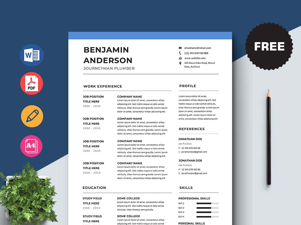 Free Journeyman Plumber Resume Template with Clean and Simple Look