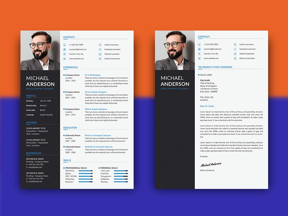 Free Professional Resume Template with Matching Cover Letter Design