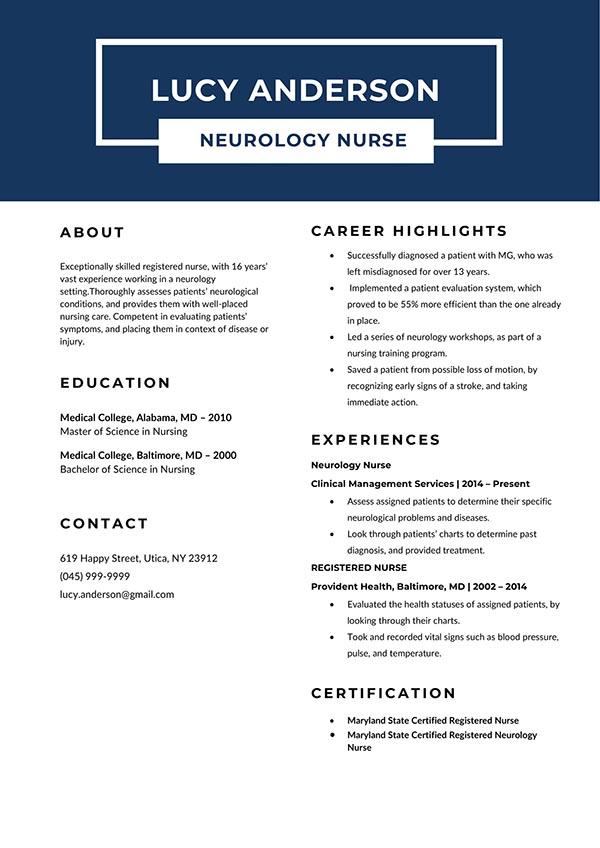 Free Neurology Nurse Resume Template with Clean Look