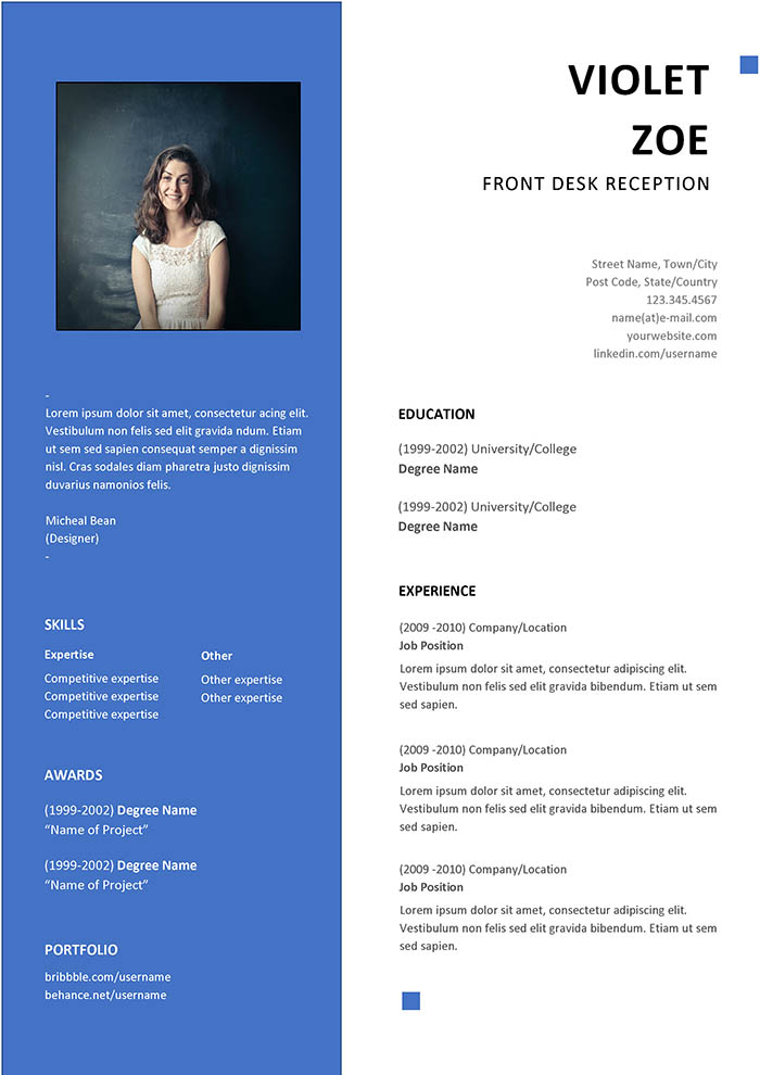 Front Desk Reception Resume